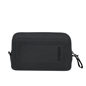 Black travel pouch with American Tourister logo on a white background