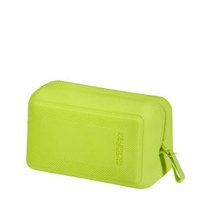 Green travel pouch with a brand logo on a white background