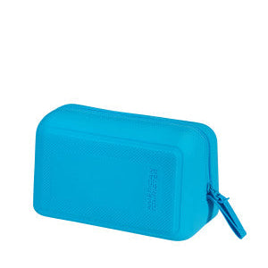 Blue rectangular zippered case on a white background