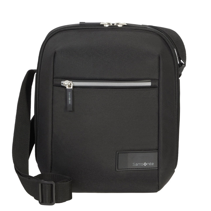 Black crossbody bag with a visible brand logo on a white background