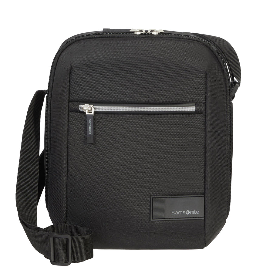 Black crossbody bag with a visible brand logo on a white background