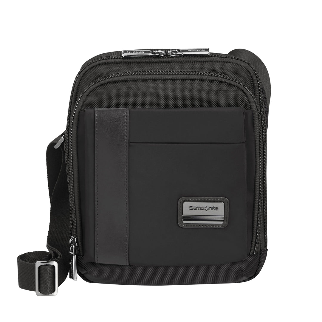 Black crossbody bag with a visible brand logo on a white background