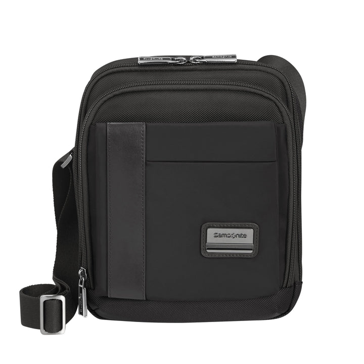 Black crossbody bag with a visible brand logo on a white background