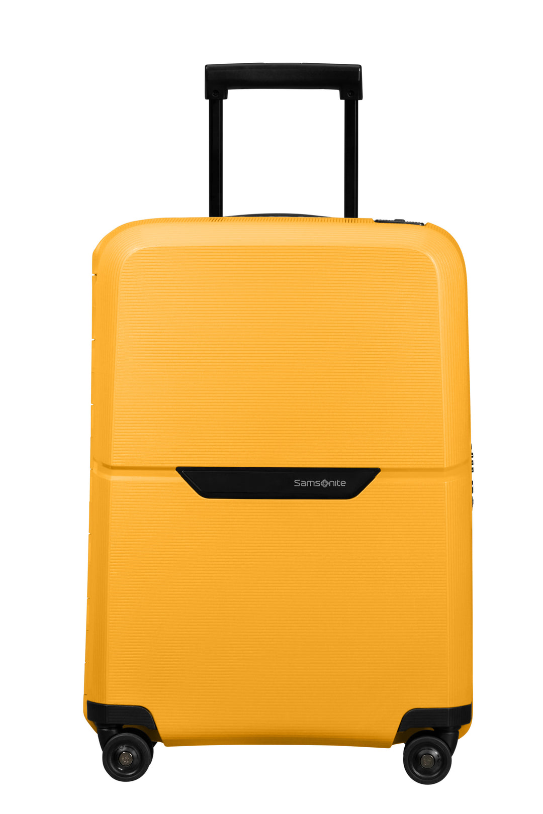 Yellow suitcase with black handle and wheels on a white background