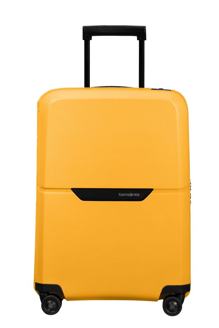 Yellow suitcase with black handle and wheels on a white background