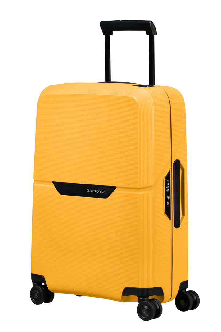 Yellow suitcase with black handle and wheels on a white background