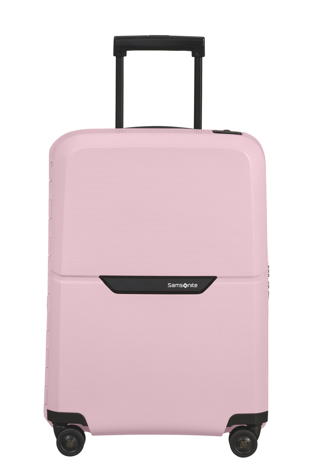 Pink suitcase with Samsonite logo on a white background