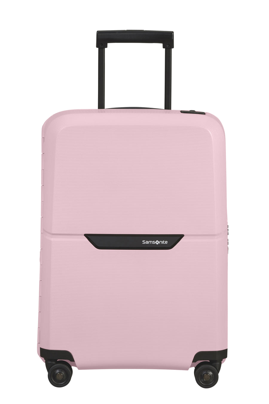 Pink suitcase with Samsonite logo on a white background
