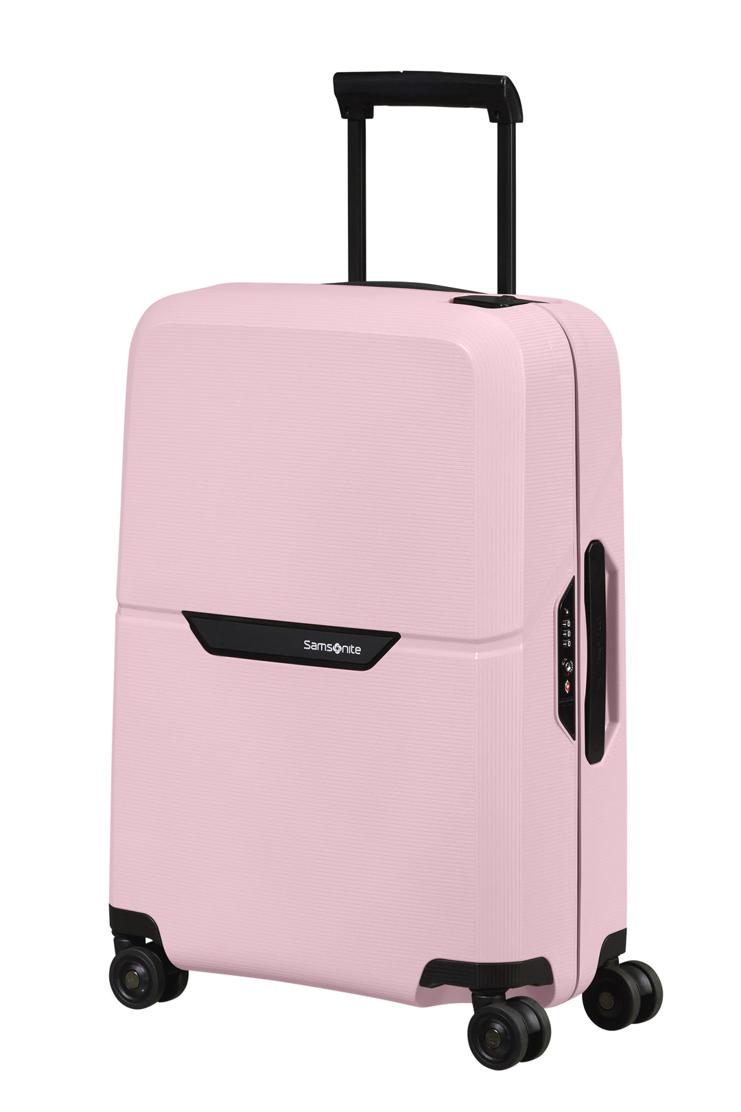 Pink suitcase with Samsonite logo on a white background