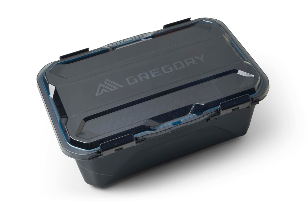 A dark gray Gregory plastic storage container with a matching lid, shown at an angle on a white background.