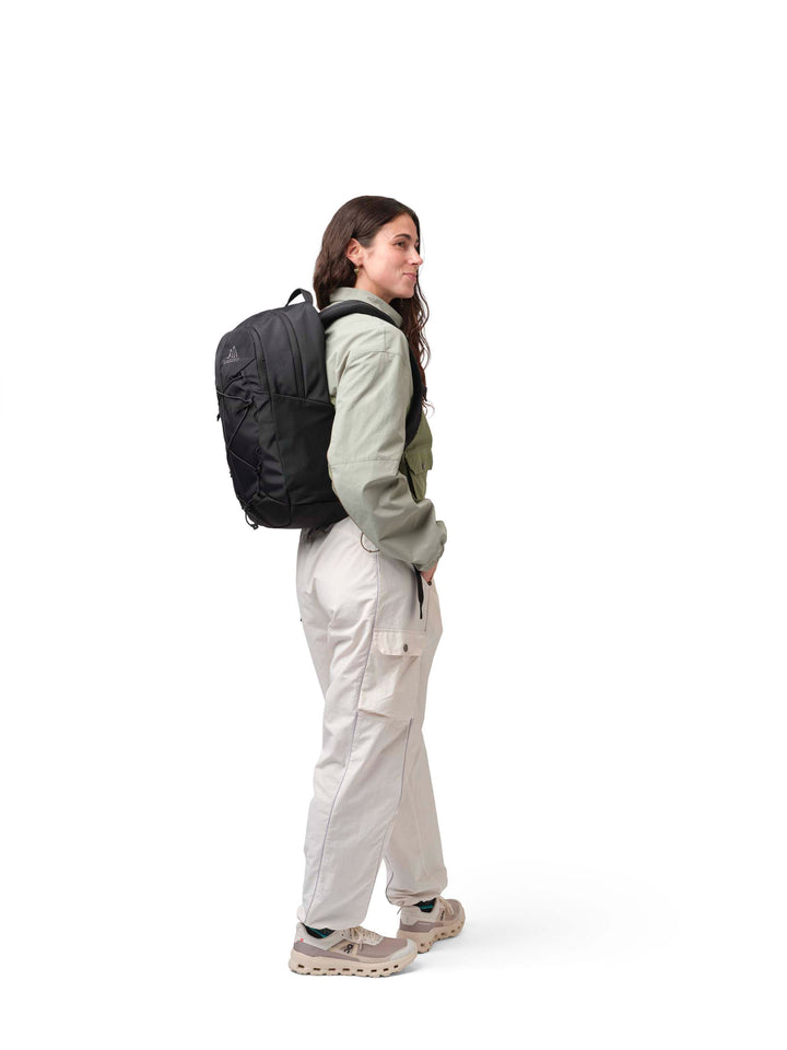 A woman standing in profile wearing a light sage green jacket, off-white cargo pants, and beige sneakers, carrying a black backpack against a solid white background.