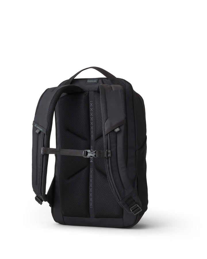 A black backpack shown from the back, featuring padded shoulder straps, a top carry handle, and a central vertical zipper compartment, photographed on a clean white background.