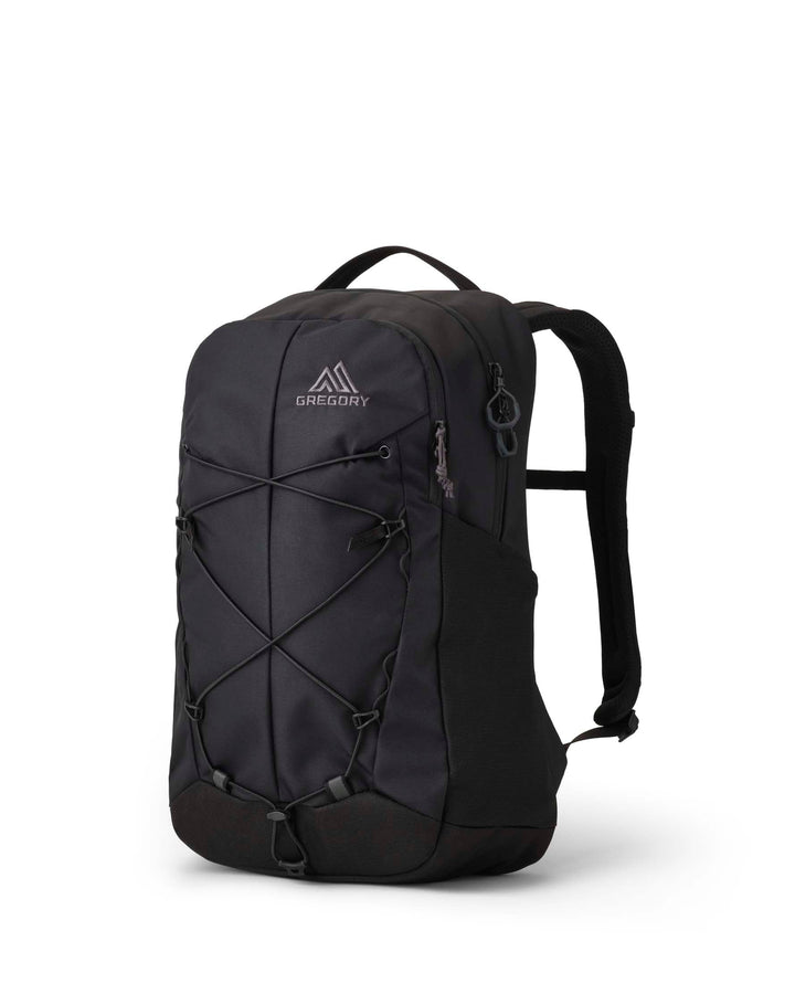 A black Gregory backpack with a front zippered pocket and crisscross compression straps, shown on a clean white background.