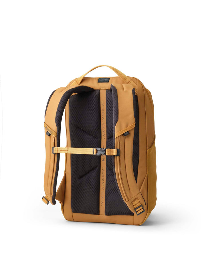 A tan and black backpack shown from the back, featuring padded shoulder straps, a black mesh back panel, and a tan compression strap with a silver buckle.