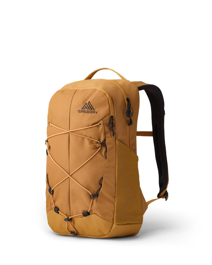 A tan hiking backpack with black straps and a black shoulder strap, featuring a front zippered pocket with elastic cord compression straps and a black Gregory logo, shown on a white background.
