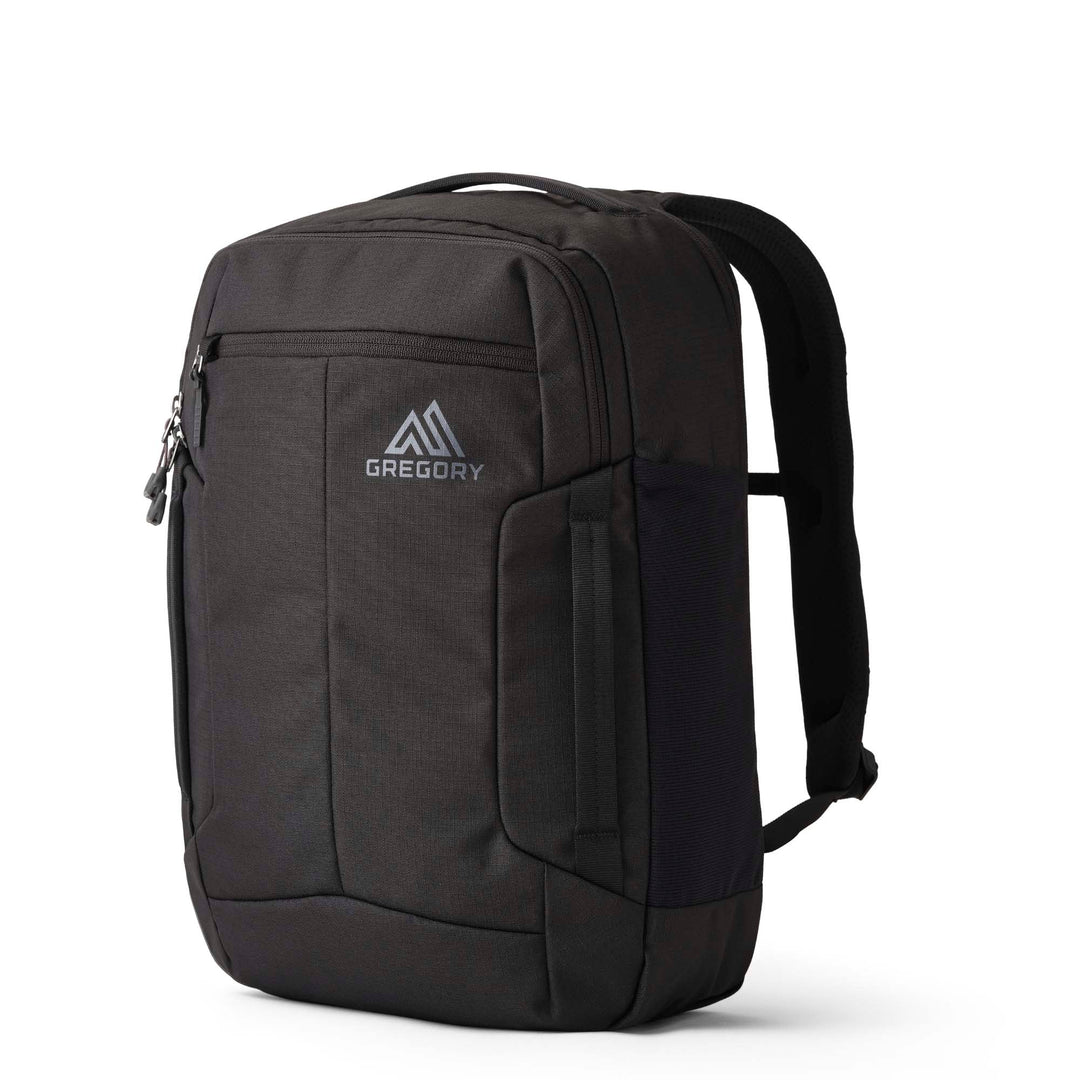A black Gregory backpack with a front zippered pocket featuring the Gregory logo, shown on a clean white background.