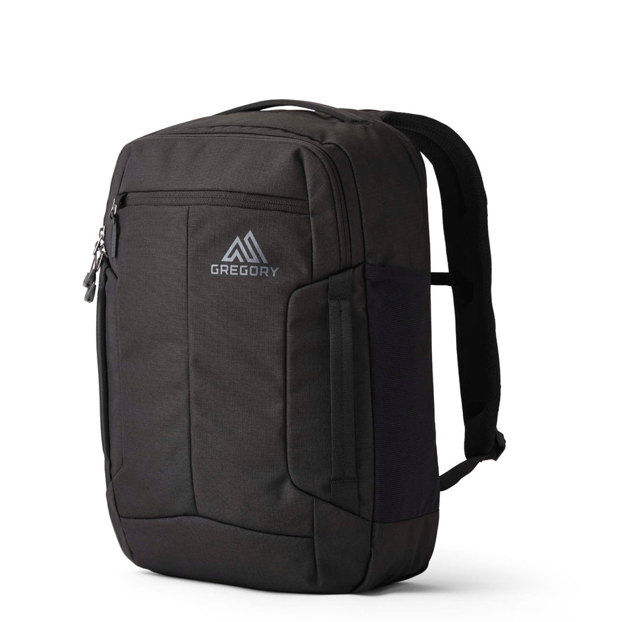 A black Gregory backpack with a front zippered pocket featuring the Gregory logo, shown on a clean white background.