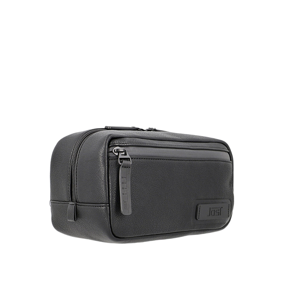 Black toiletry bag on a white background