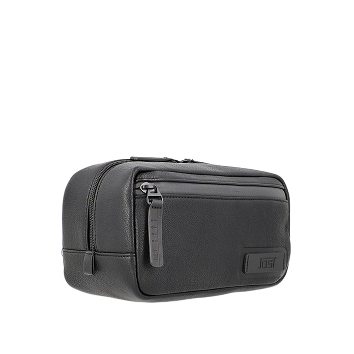 Black toiletry bag on a white background
