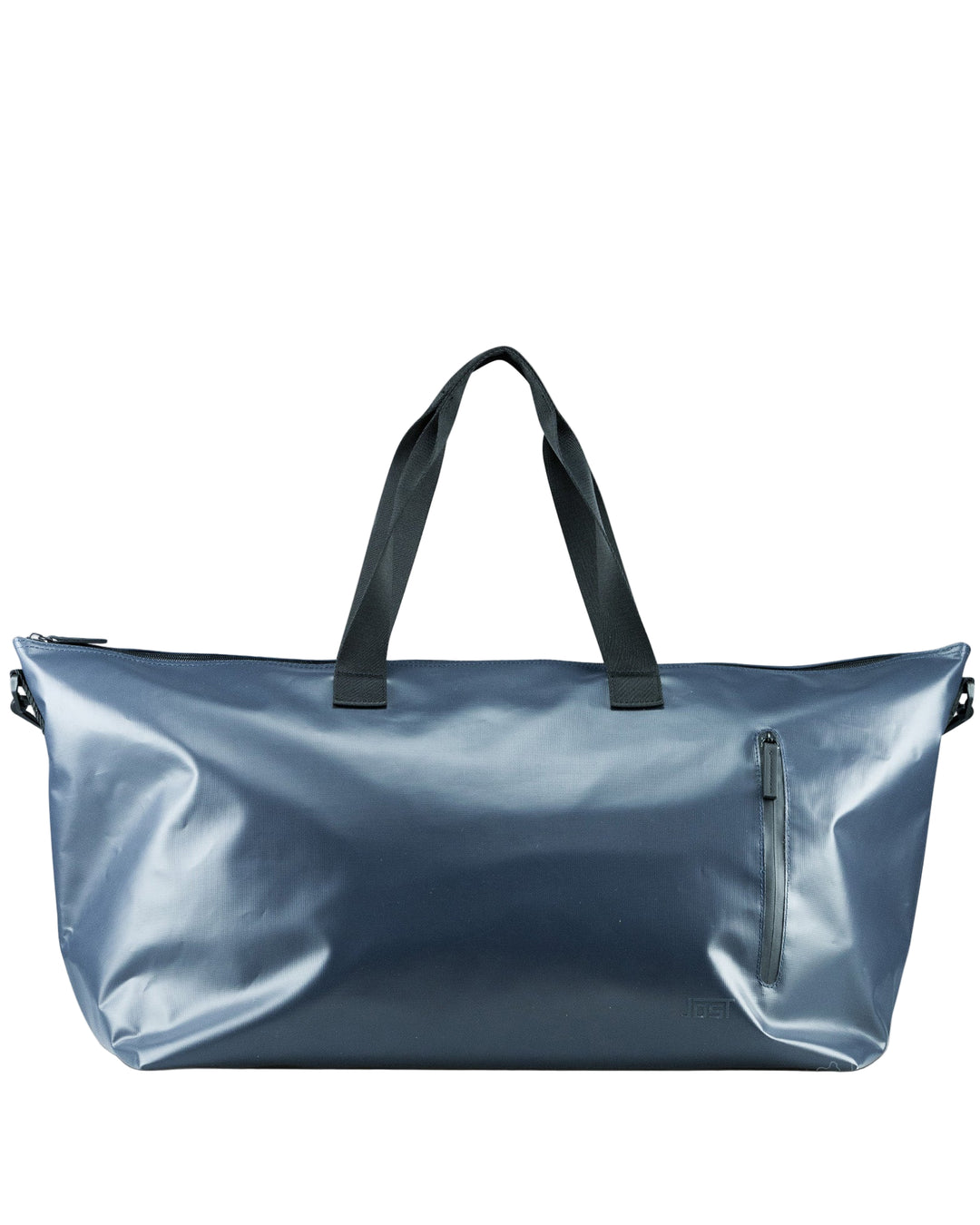 Blue duffel bag with black handles on a light gray background