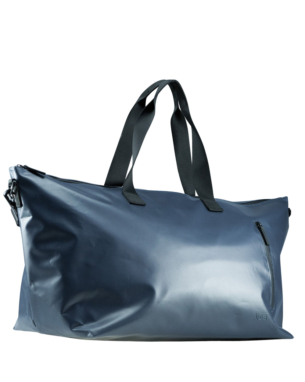 Blue duffel bag with black handles on a white background