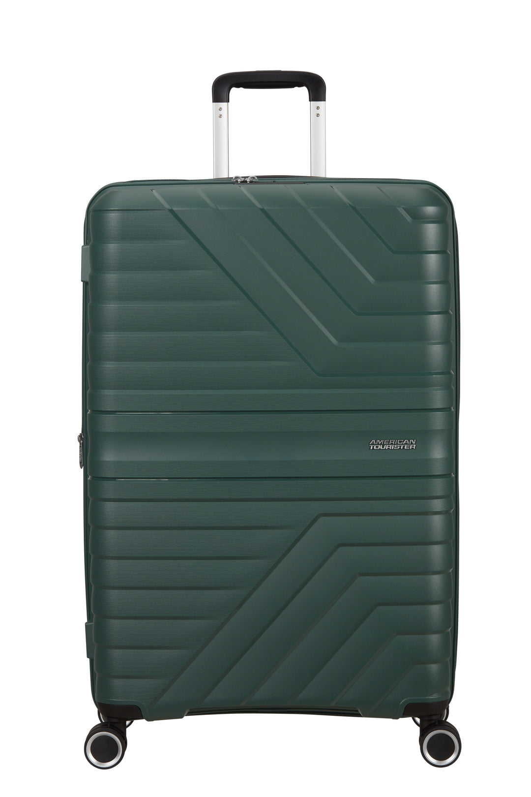 A dark green hard-shell spinner suitcase with a geometric chevron pattern, featuring an extended telescopic handle and four multi-directional wheels, shown against a plain white background.