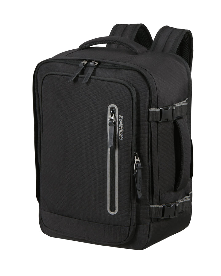 Black backpack with multiple zippers on a white background