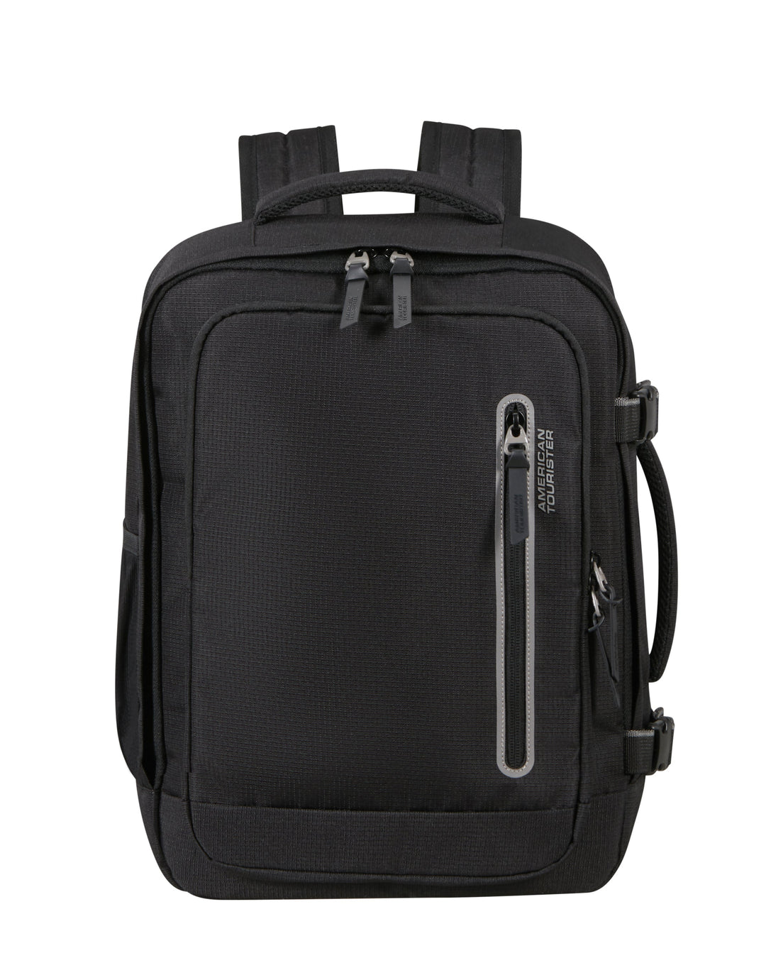 Black backpack with multiple zippers on a white background