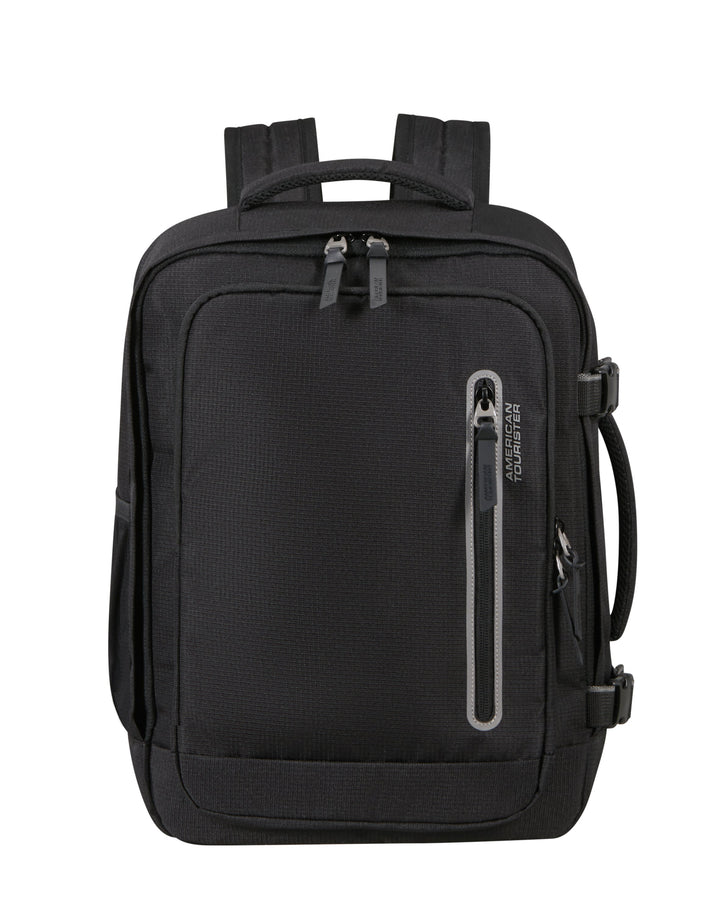 Black backpack with multiple zippers on a white background