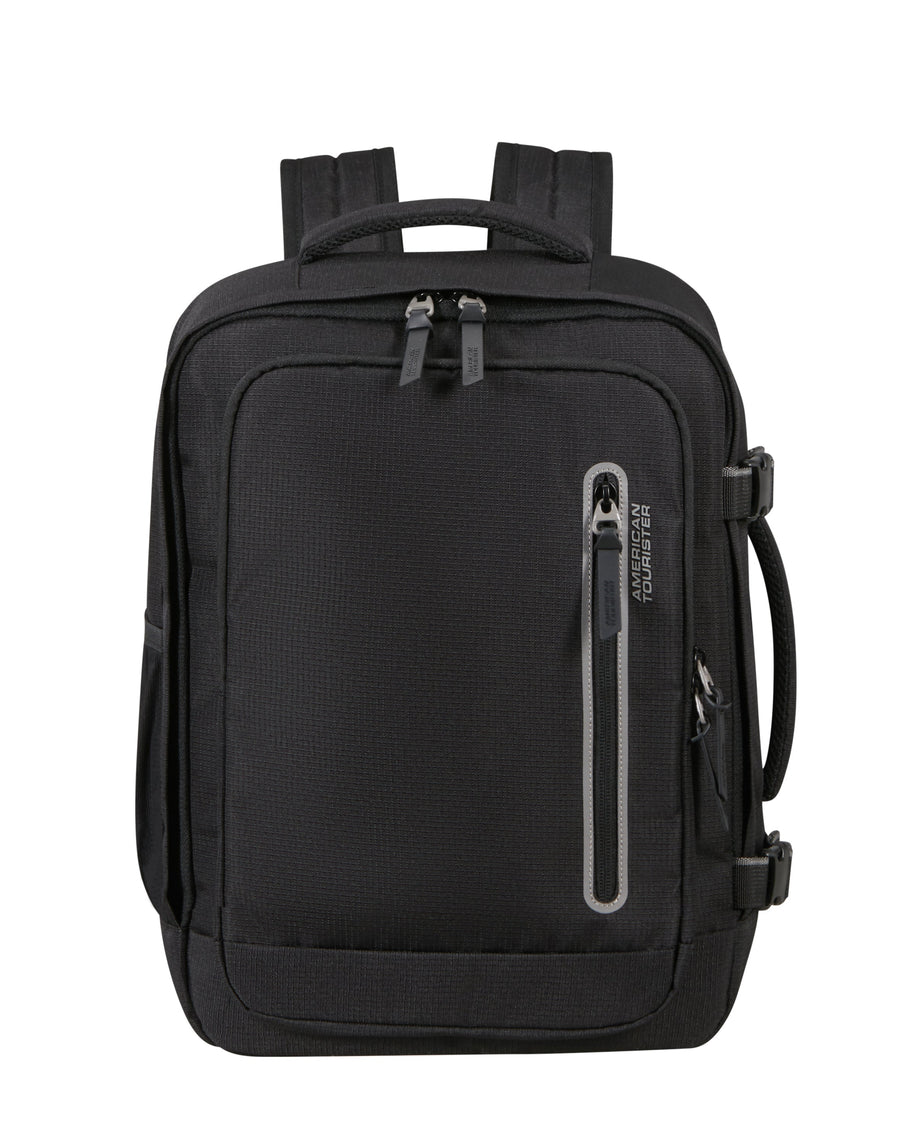 Black backpack with multiple zippers on a white background