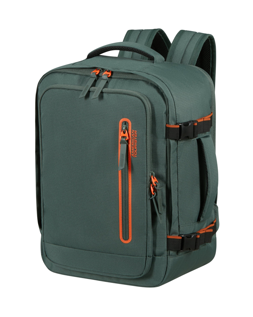 Green backpack with orange zippers on a white background