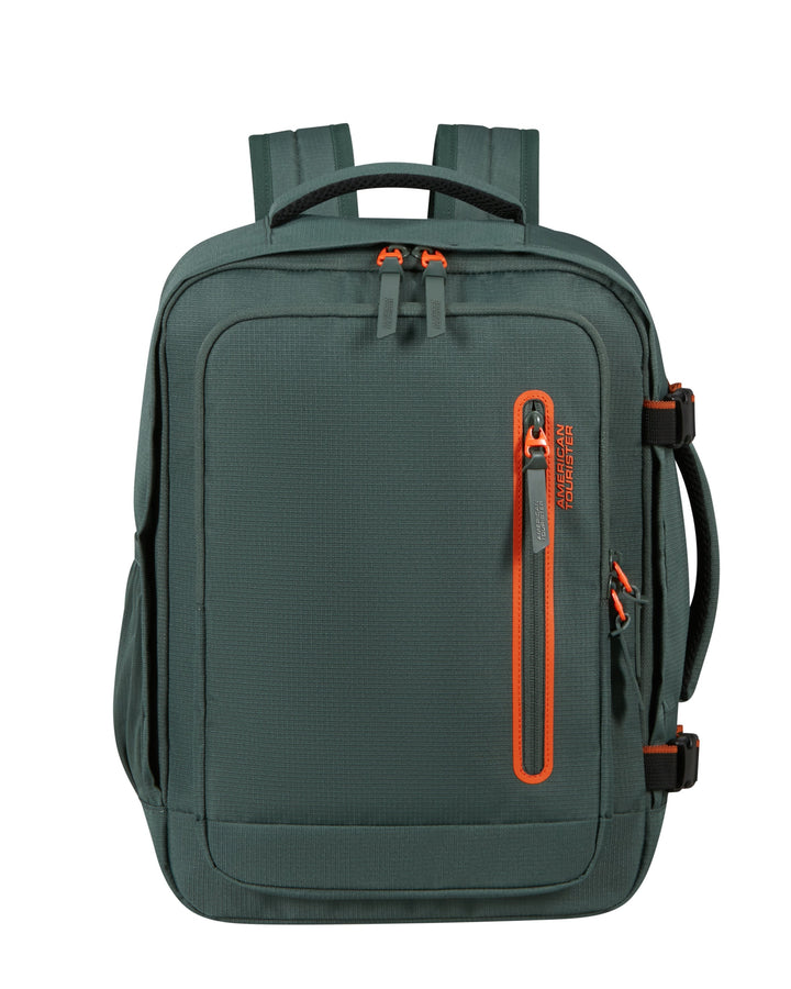 Green backpack with orange zippers on a white background