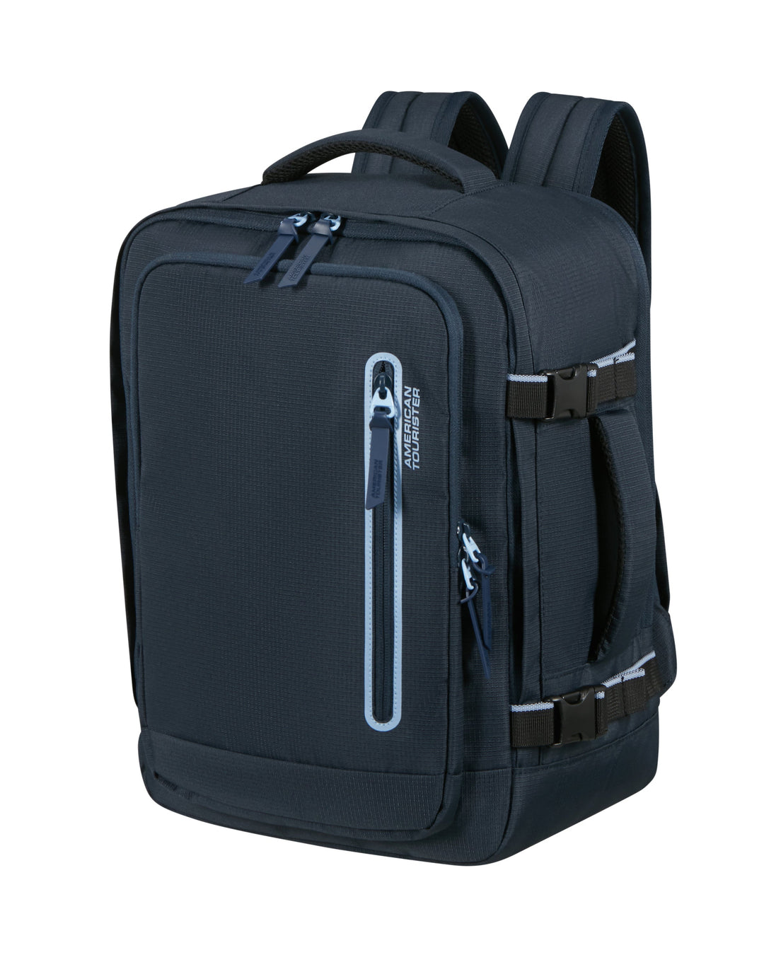 Navy backpack with visible brand logo on a white background