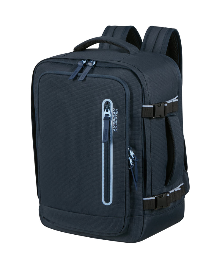 Navy backpack with visible brand logo on a white background