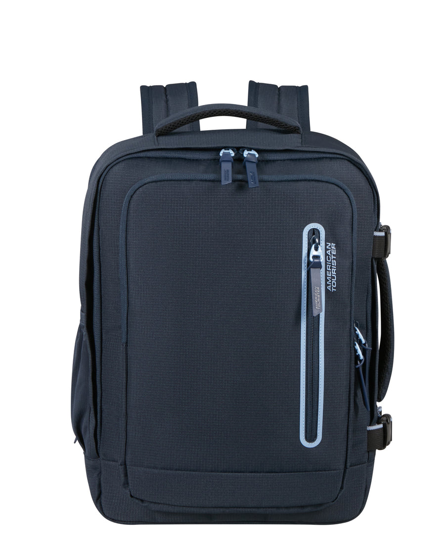 Navy backpack with a zipper pocket on a white background