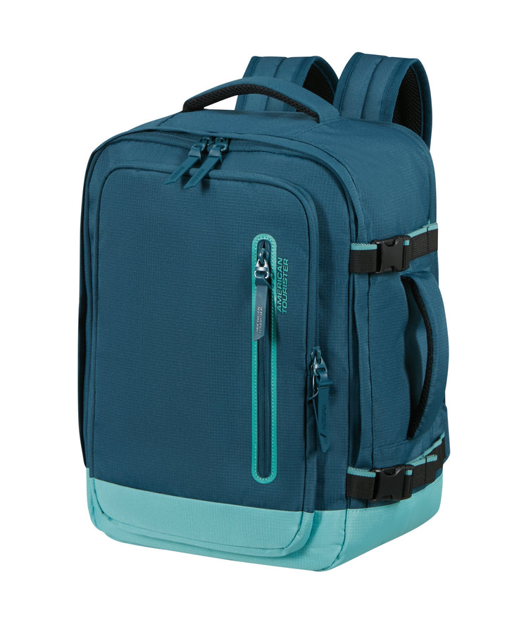 Blue backpack with a visible brand logo on a white background