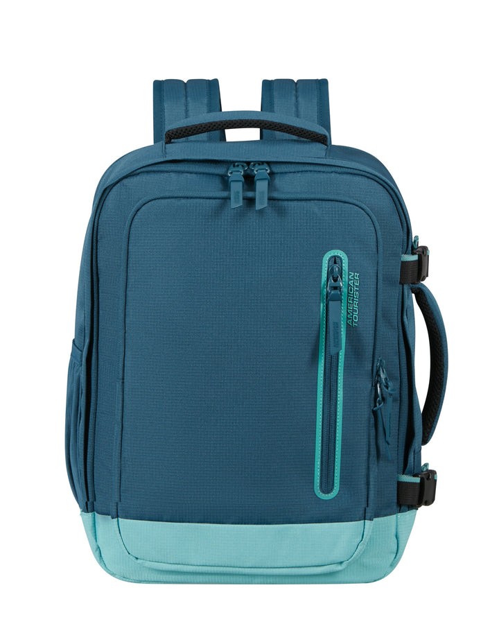 Blue and green backpack on a white background