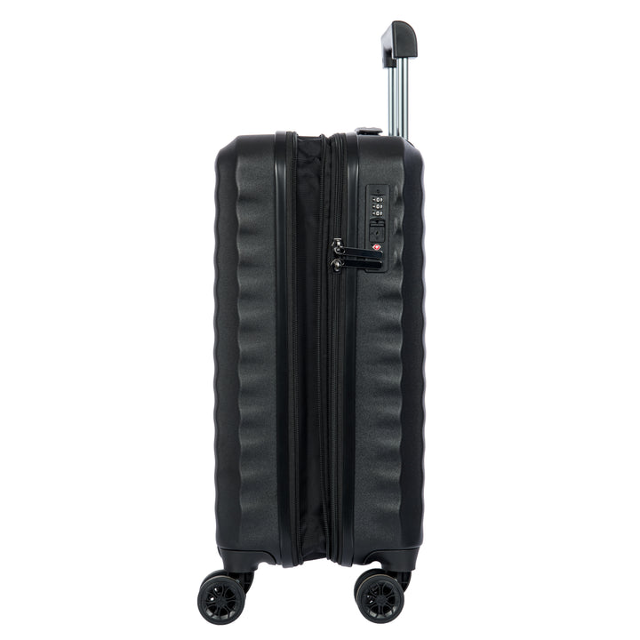 Side angle of a Black Bric's cabin case with a ribbed texture on a white background