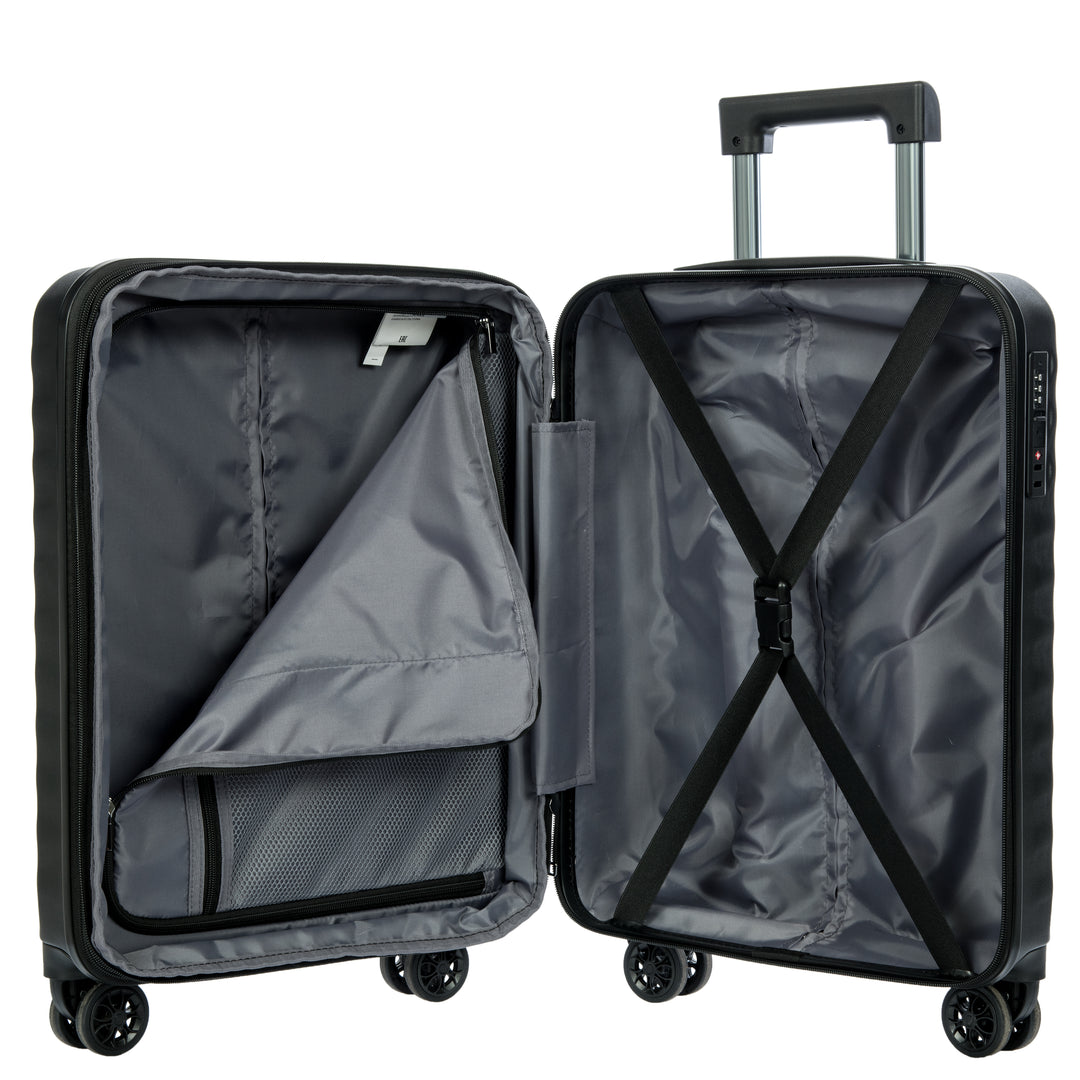 Open black suitcase with grey lining on a white background