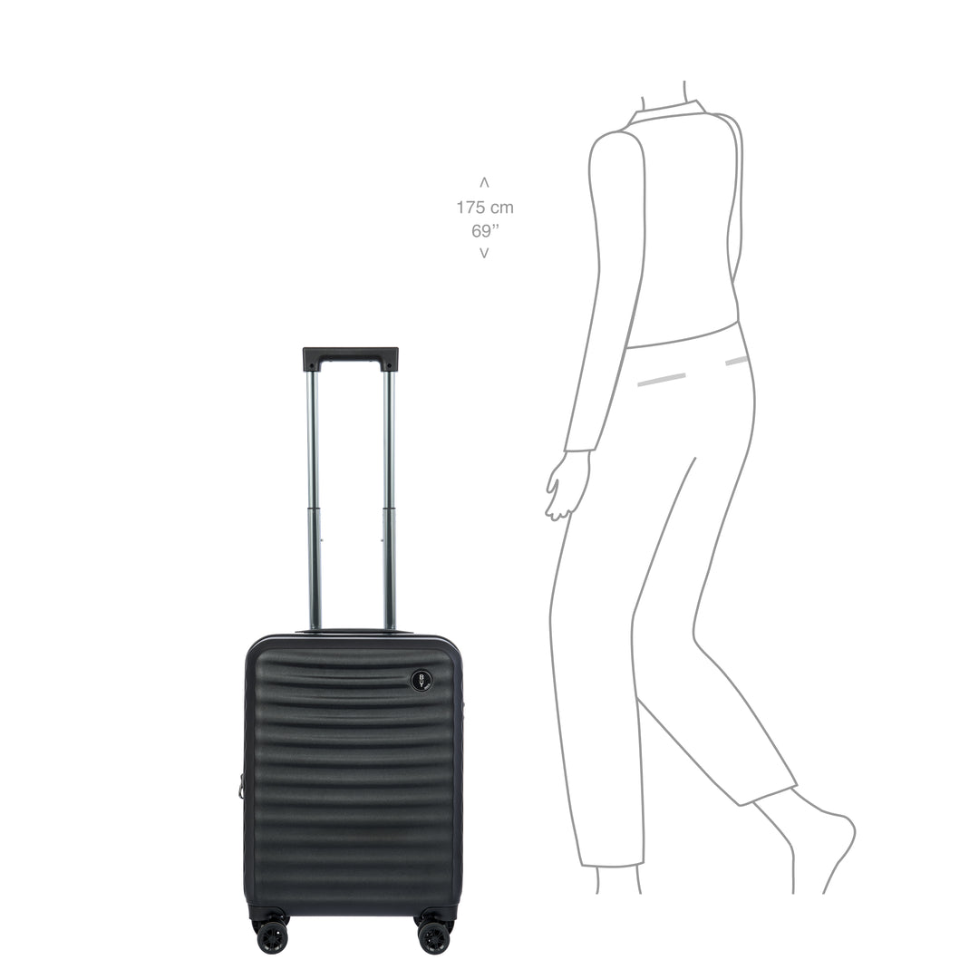 Black suitcase with a person's outline for scale and measurements on a white background