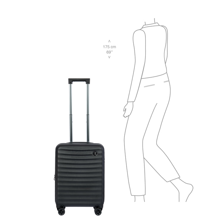 Black suitcase with a person's outline for scale and measurements on a white background