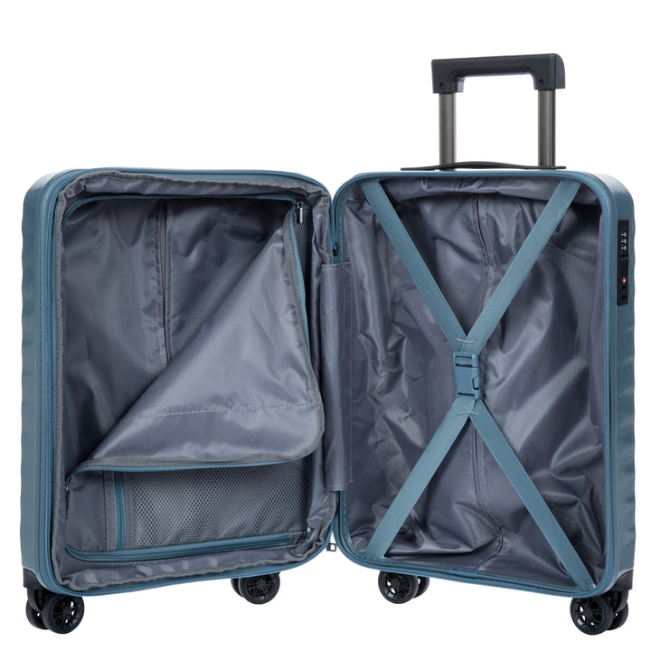 Open blue suitcase with grey lining on a white background