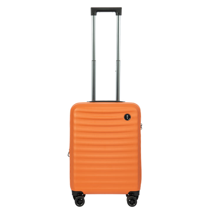 Orange Bric's cabin suitcase with a black handle and textured surface on a white background