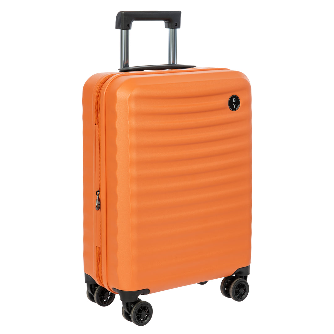 Orange Bric's cabin suitcase with a black handle and textured surface on a white background