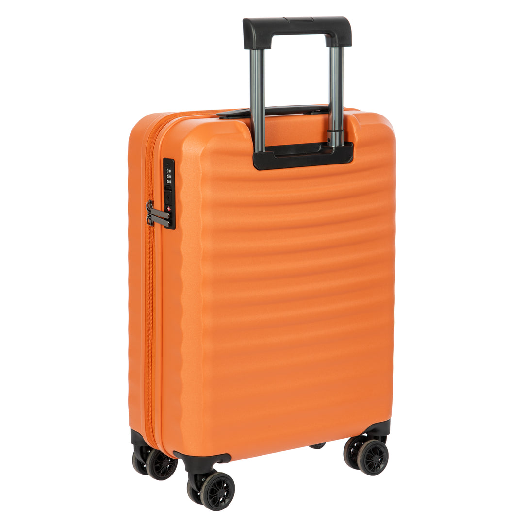 Back of an Orange Bric's cabin suitcase with a black handle and textured surface on a white background