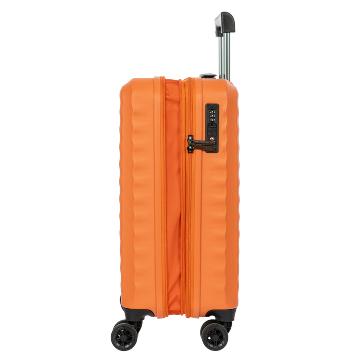 Side angle of an Orange Bric's cabin suitcase with a black handle and textured surface on a white background