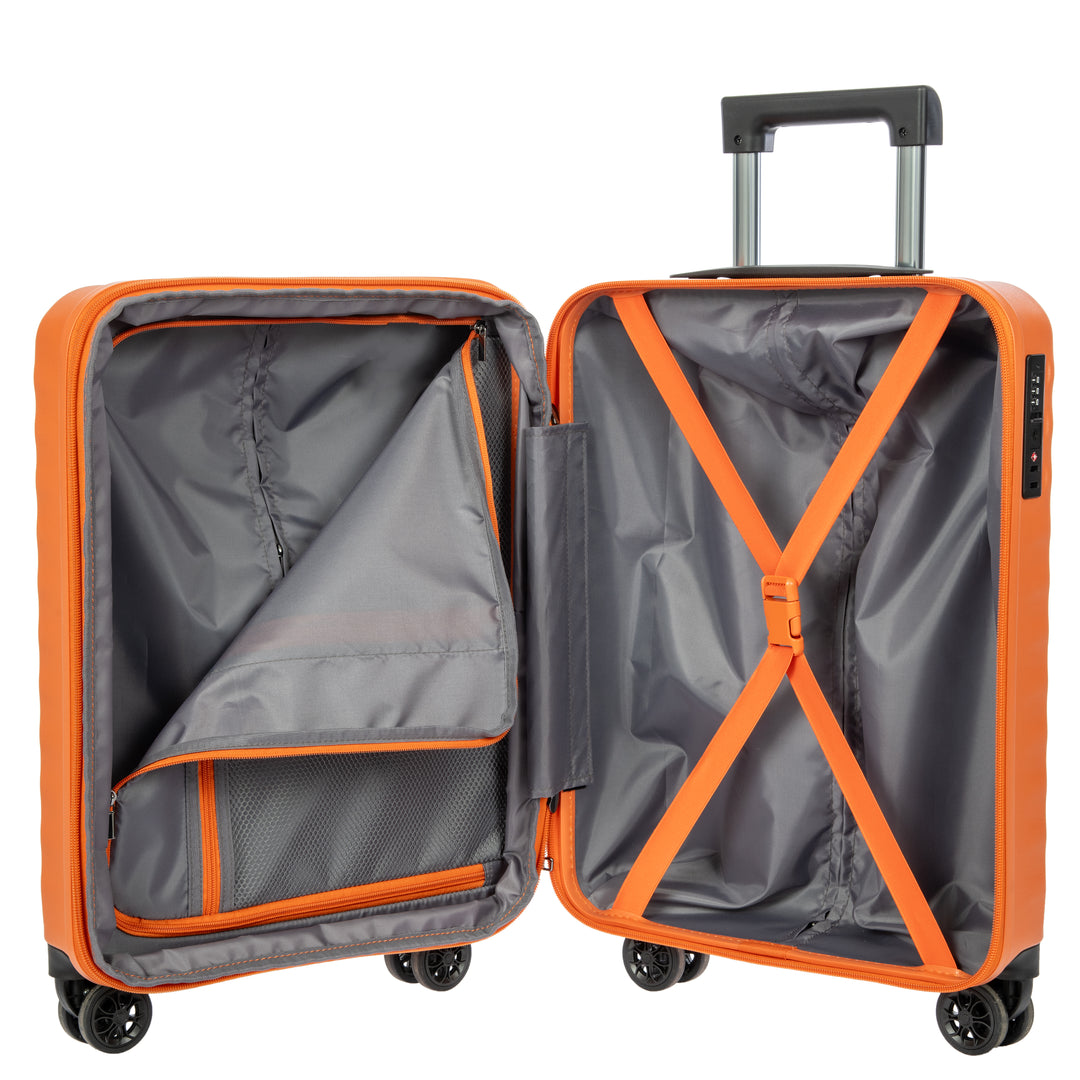 Open orange suitcase with a grey lining on a white background