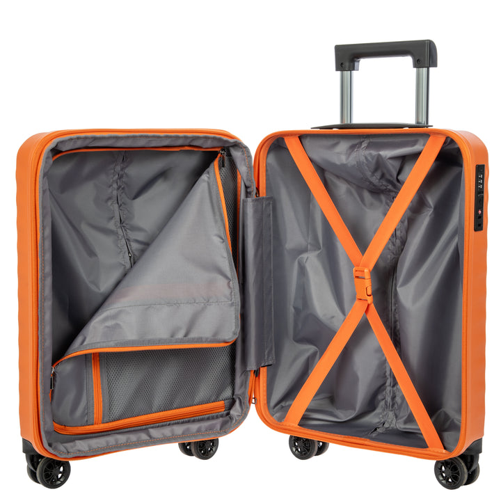Open orange suitcase with a grey lining on a white background