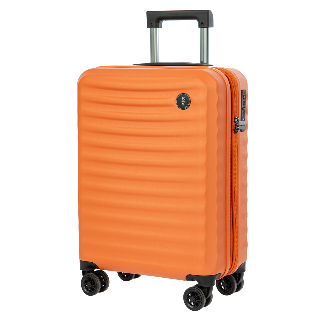 Orange Bric's cabin suitcase with a black handle and textured surface on a white background