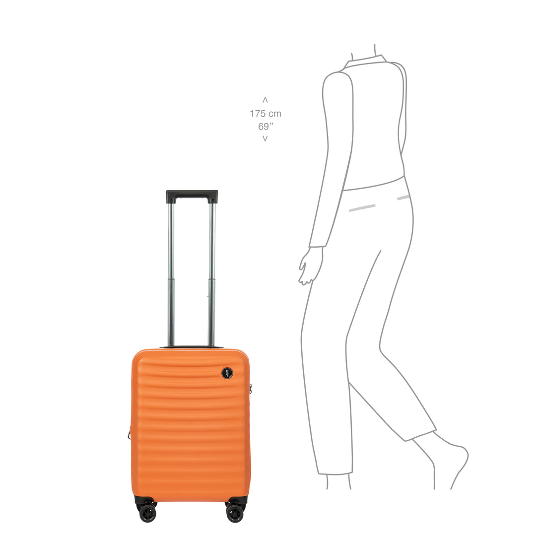 Orange suitcase with a person's outline for scale and measurements on a white background